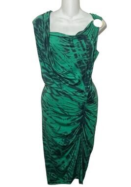 Michelle Jonas Green Tie Dye Ombre Gold Ring Ruched Dress Sz Small Resort Travel